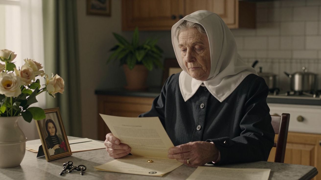 Idosa com lenço branco lê documentos numa mesa de cozinha. Ao lado, uma moldura com foto e um vaso de rosas.