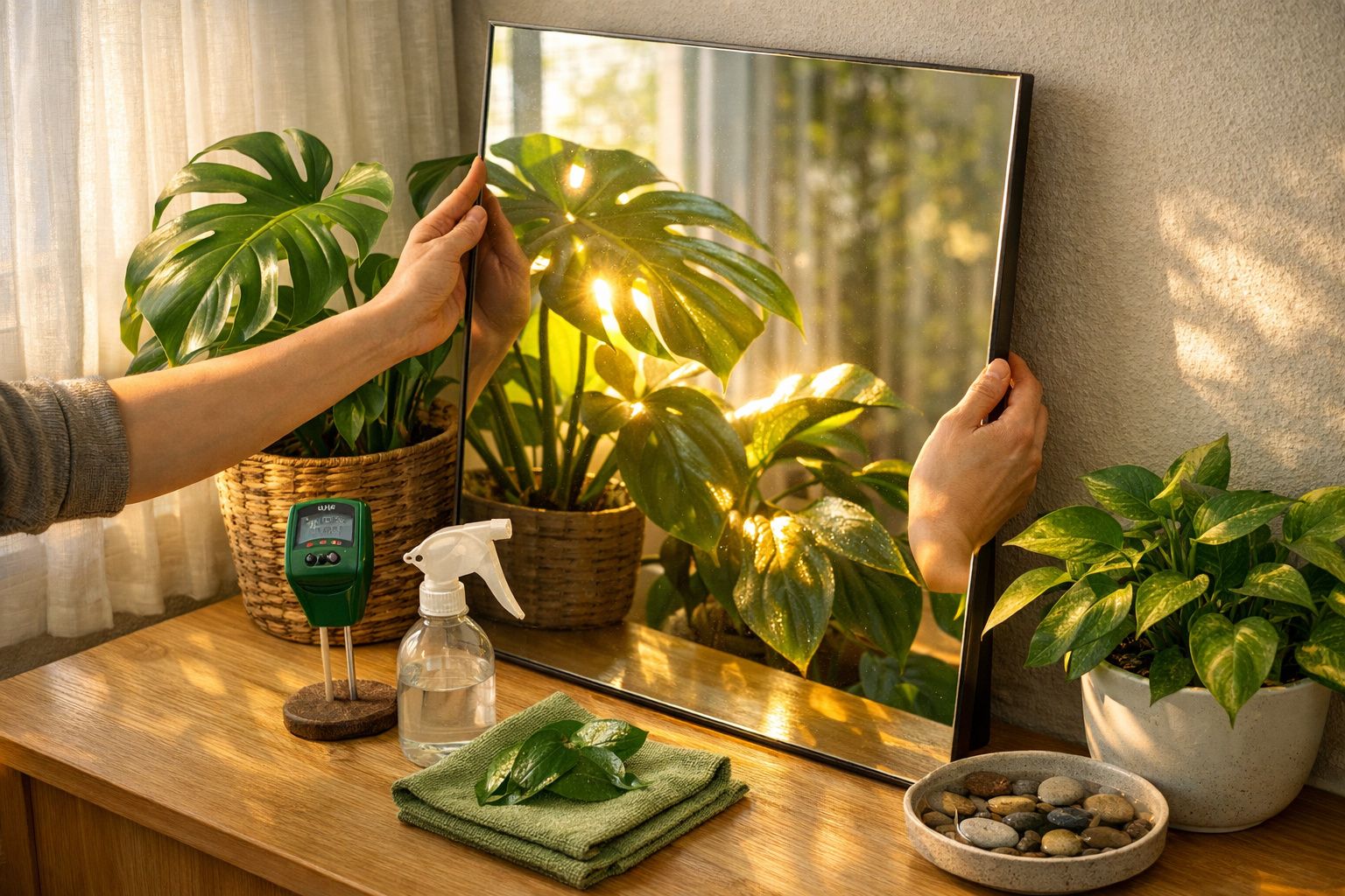 Pessoa ajusta espelho em frente a plantas com luz solar refletida. Spray e toalha sobre mesa de madeira.