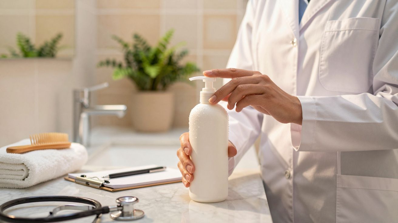 Médico de bata branca usando dispensador de sabonete líquido, com estetoscópio e toalhas sobre a bancada.